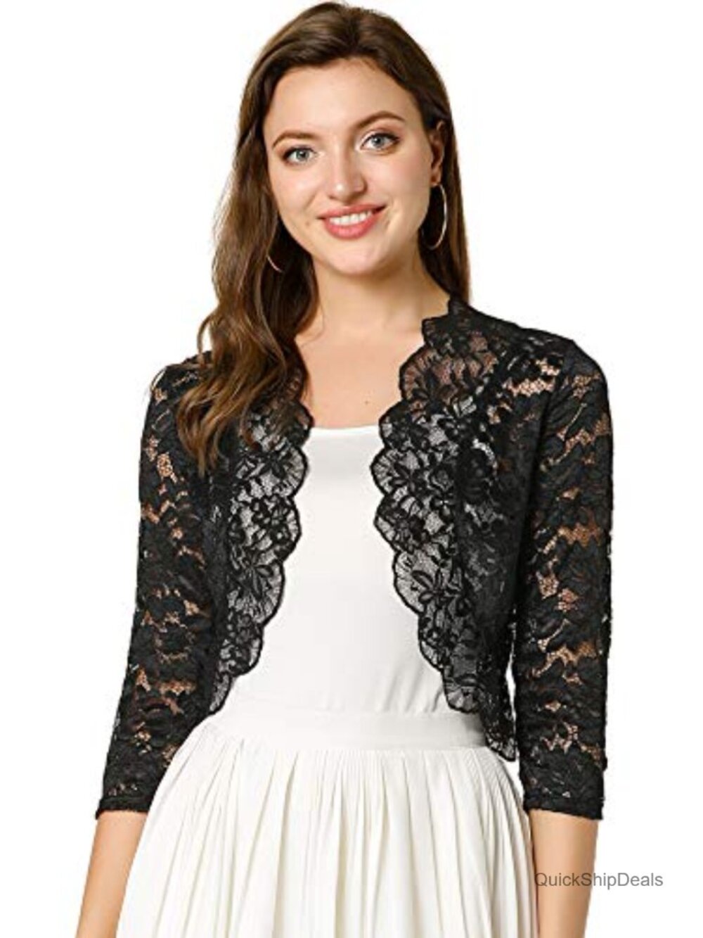 Elegant Sheer Floral Lace Shrug Top 3/4 Sleeve Open Front Bolero for Women